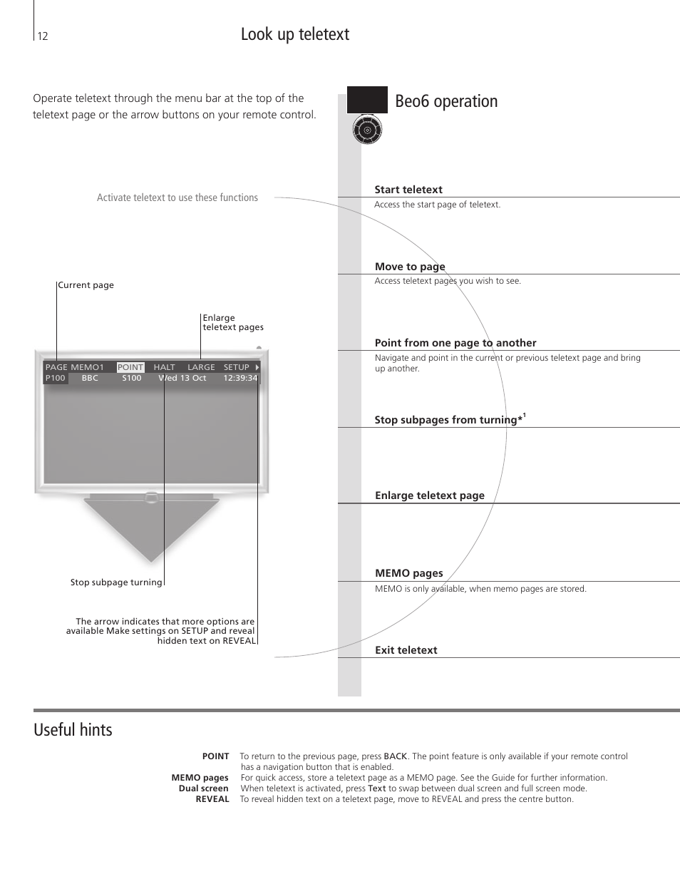 Look up teletext, Useful hints, Beo6 operation | Bang & Olufsen BeoSystem 3 Getting Started User Manual | Page 12 / 32