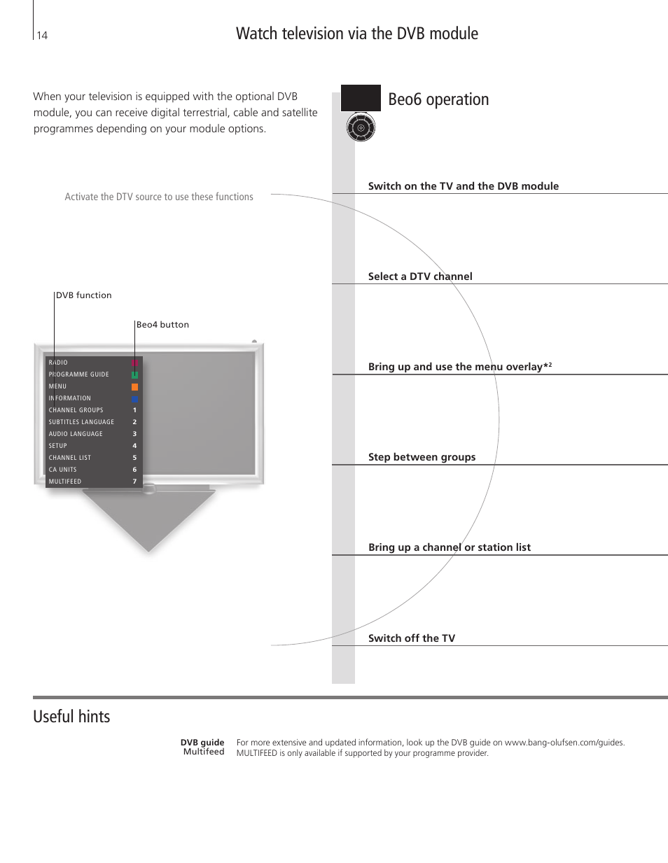 Watch television via the dvb module, Watch television via the dvb module useful hints, Beo6 operation | Bang & Olufsen BeoSystem 3 Getting Started User Manual | Page 14 / 32