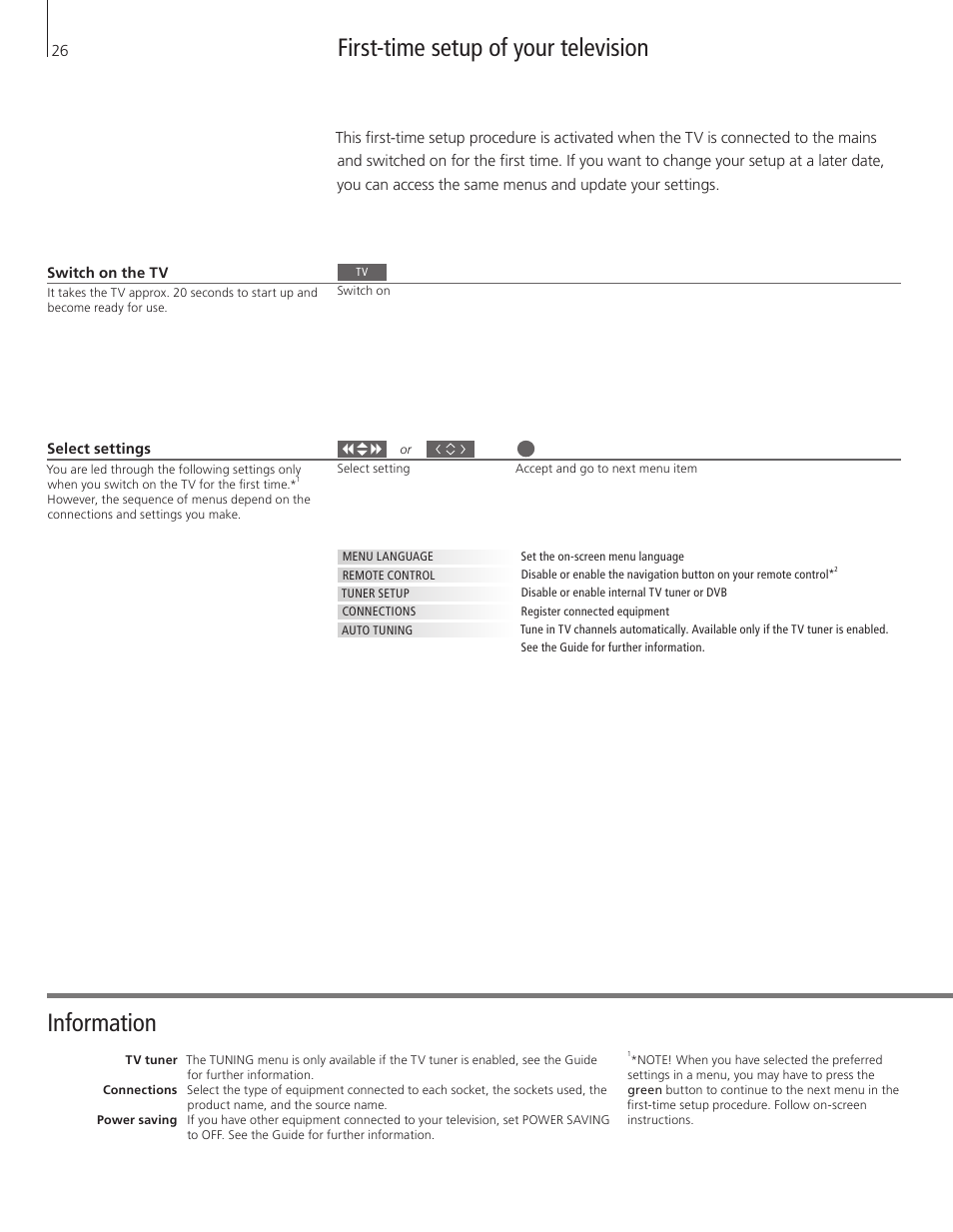 First-time setup of your television, Information | Bang & Olufsen BeoSystem 3 Getting Started User Manual | Page 26 / 32