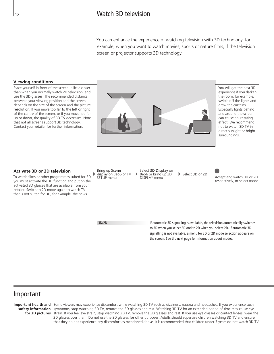 Watch 3d television, Important | Bang & Olufsen BeoSystem 3 Getting Started - No ATSC User Manual | Page 12 / 28