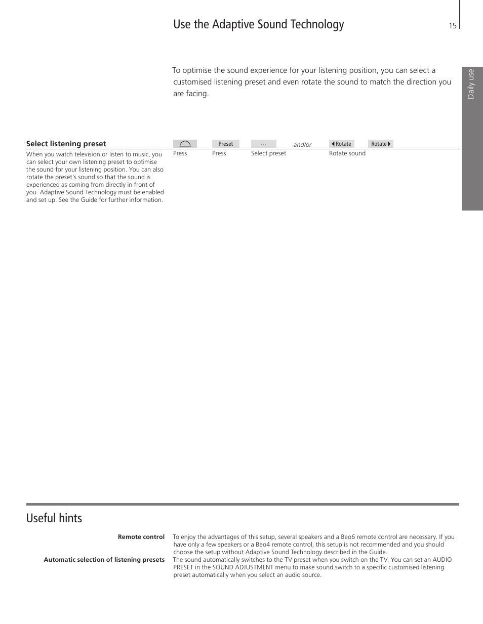 Use the adaptive sound technology, Useful hints | Bang & Olufsen BeoSystem 3 Getting Started - No ATSC User Manual | Page 15 / 28