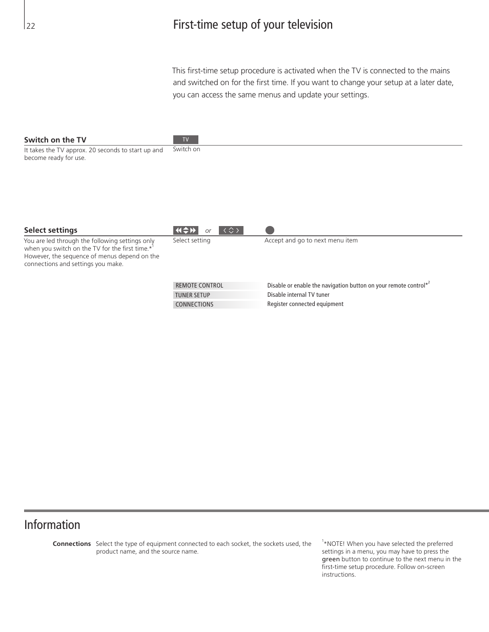 First-time setup of your television, Information | Bang & Olufsen BeoSystem 3 Getting Started - No ATSC User Manual | Page 22 / 28