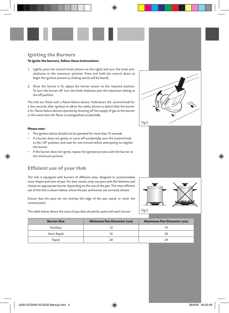 Igniting the burners, Efficient use of your hob | CDA HCG501 User Manual | Page 4 / 12