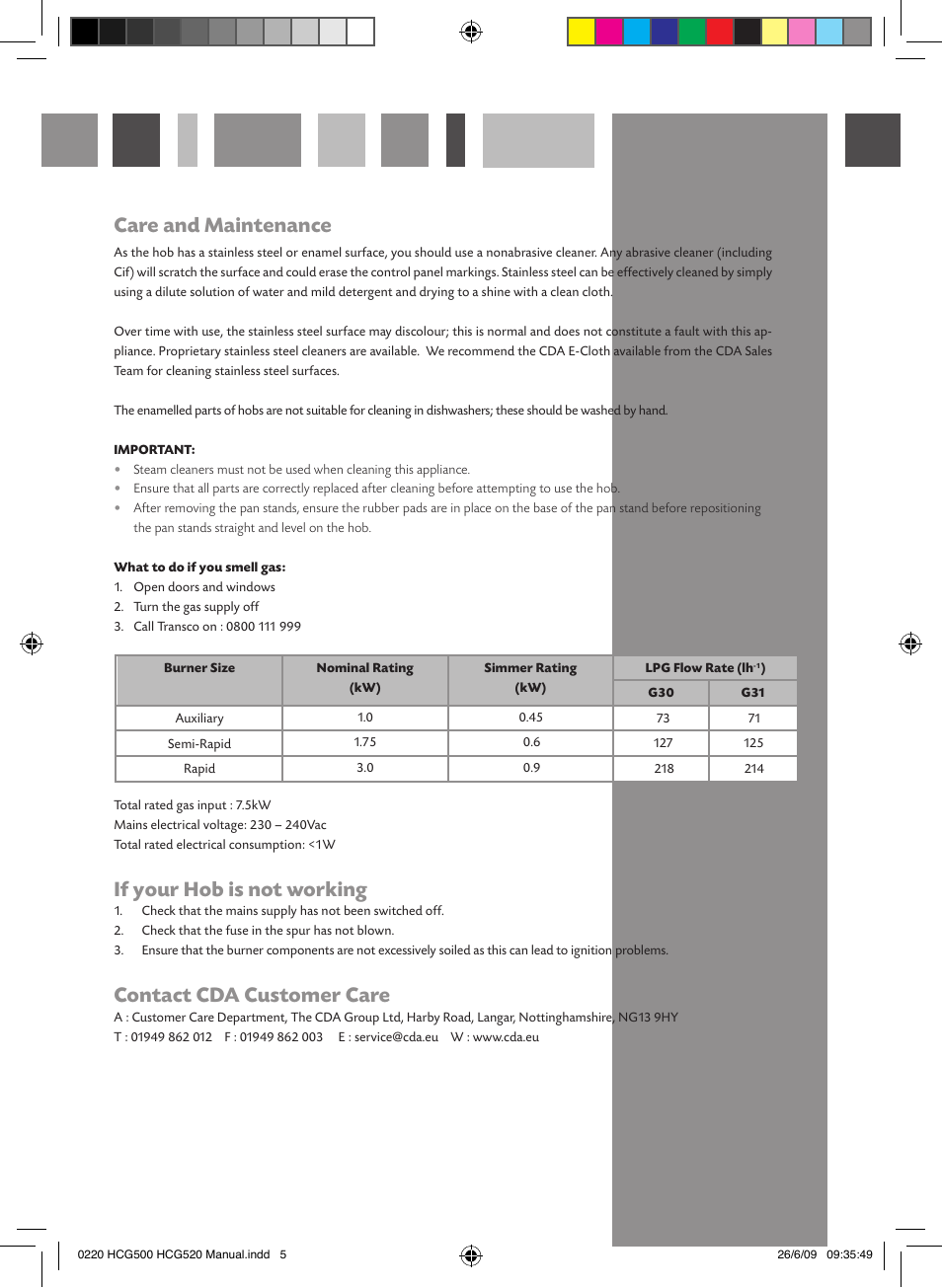 If your hob is not working, Contact cda customer care, Care and maintenance | CDA HCG501 User Manual | Page 5 / 12