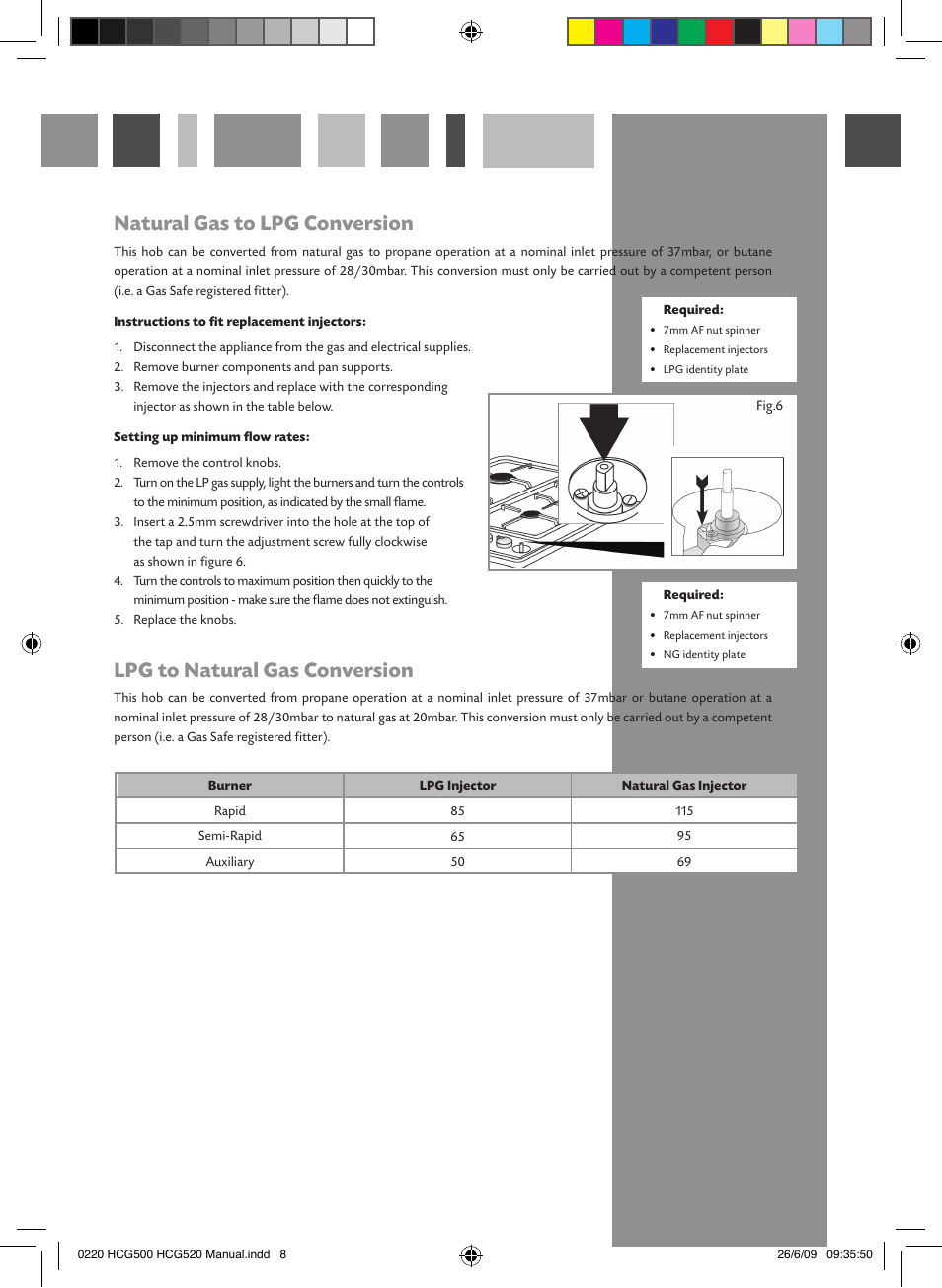 Natural gas to lpg conversion, Lpg to natural gas conversion | CDA HCG501 User Manual | Page 8 / 12