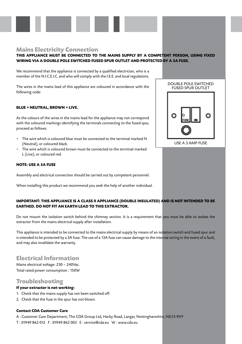 Mains electricity connection, Electrical information, Troubleshooting | CDA CIN6 User Manual | Page 6 / 12