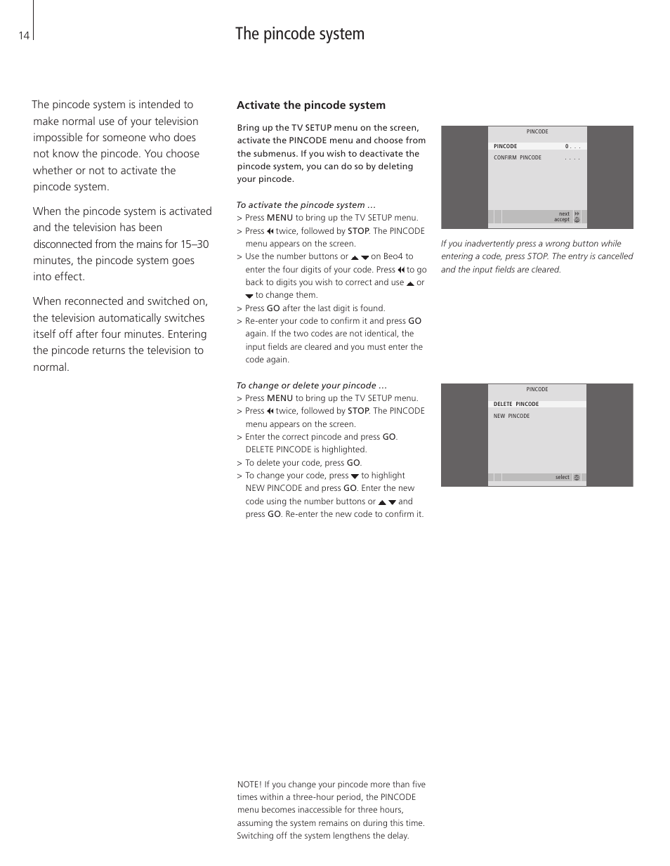 The pincode system, Activate the pincode system | Bang & Olufsen BeoVision 6 User Manual | Page 14 / 20