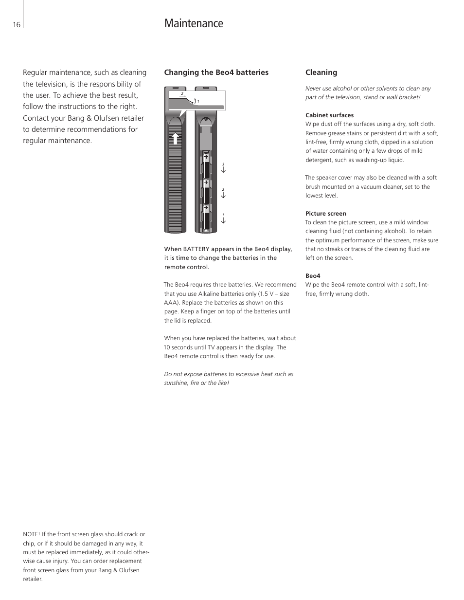 Maintenance, Changing the beo4 batteries, Cleaning | Bang & Olufsen BeoVision 6 User Manual | Page 16 / 20