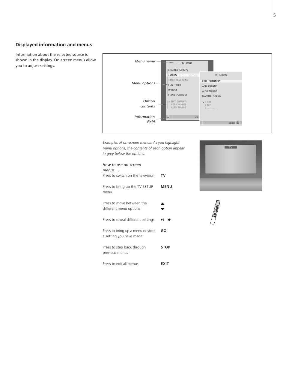 Displayed information and menus, 5displayed information and menus | Bang & Olufsen BeoVision 6 User Manual | Page 5 / 20