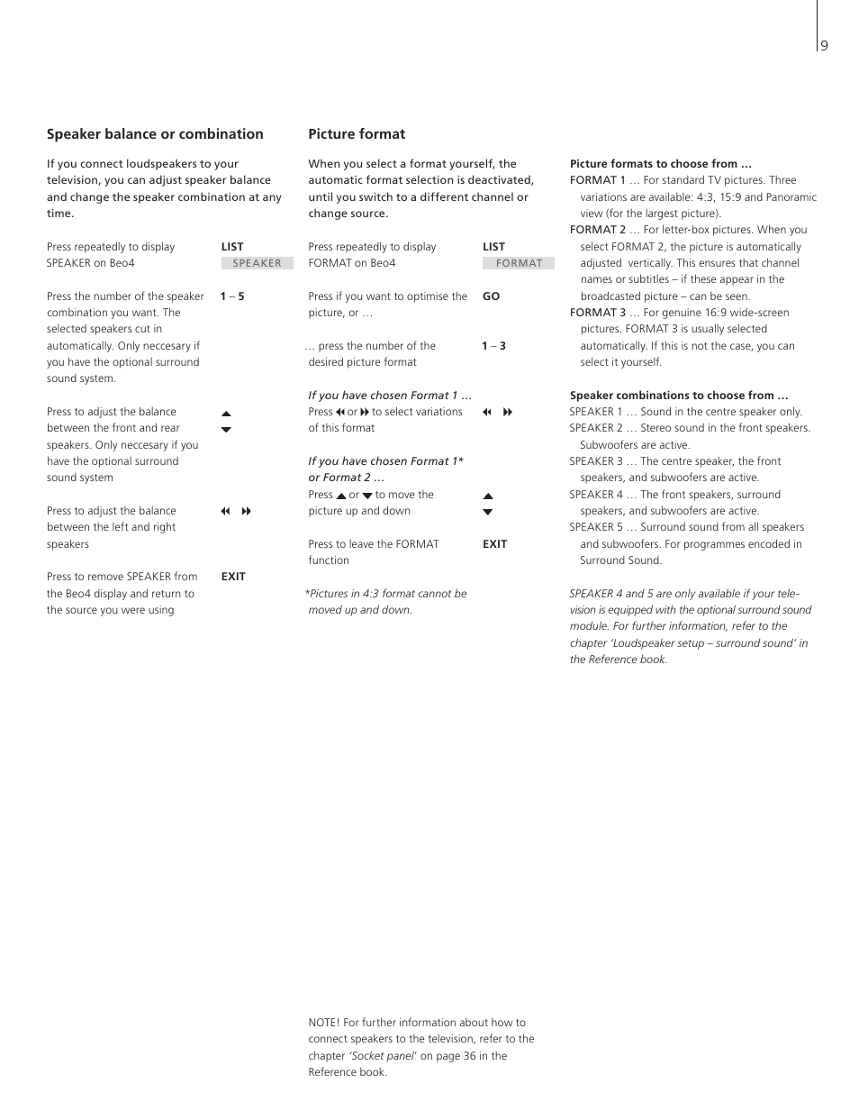 Speaker balance or combination, Picture format | Bang & Olufsen BeoVision 6 User Manual | Page 9 / 20