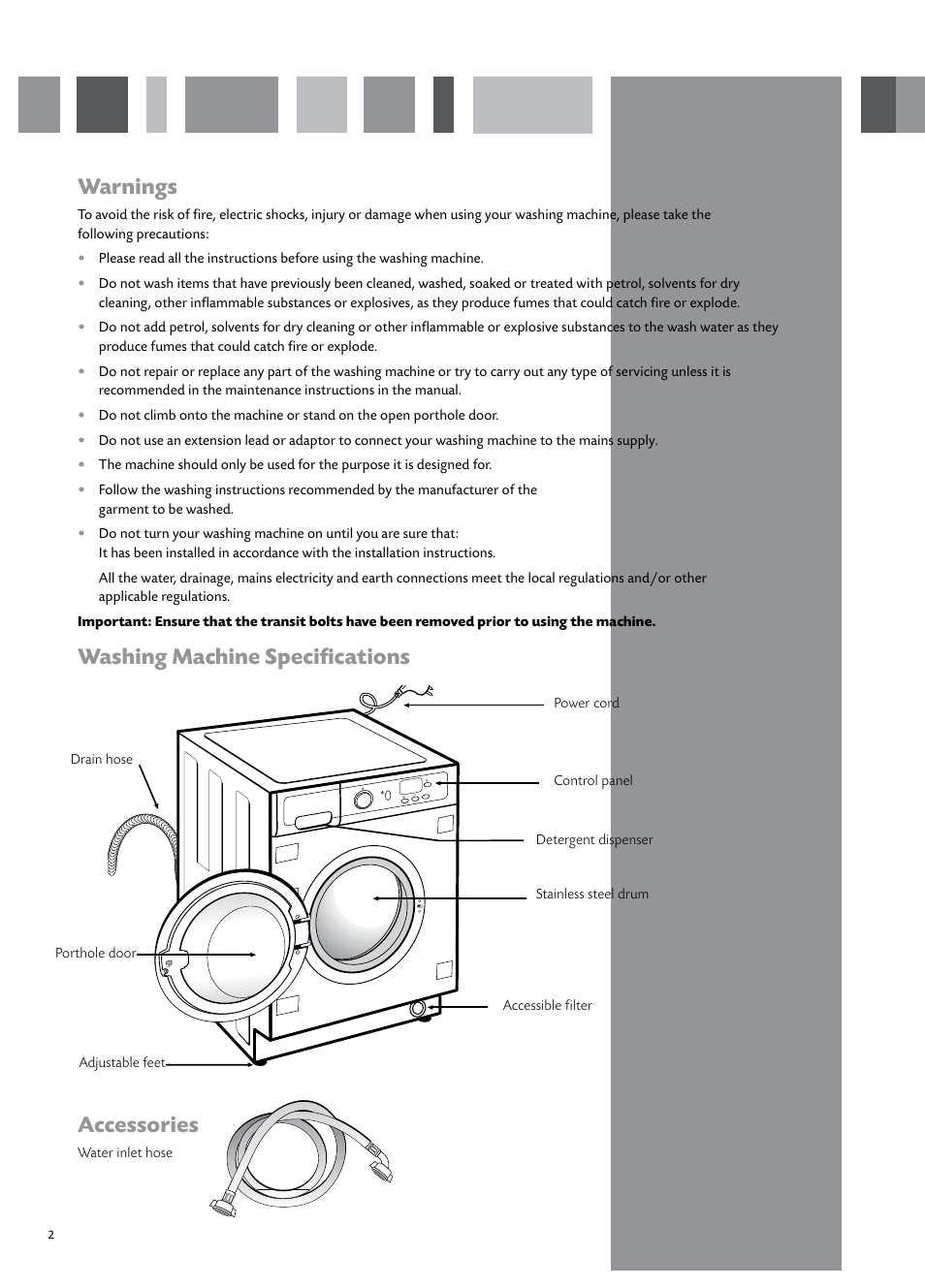 Warnings, Washing machine speciﬁcations accessories | CDA CI931 User Manual | Page 4 / 24