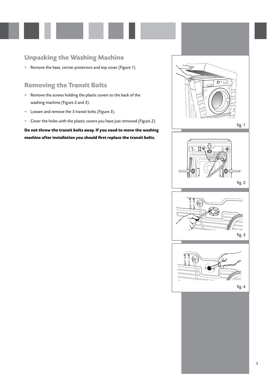 Unpacking the washing machine, Removing the transit bolts | CDA CI931 User Manual | Page 5 / 24