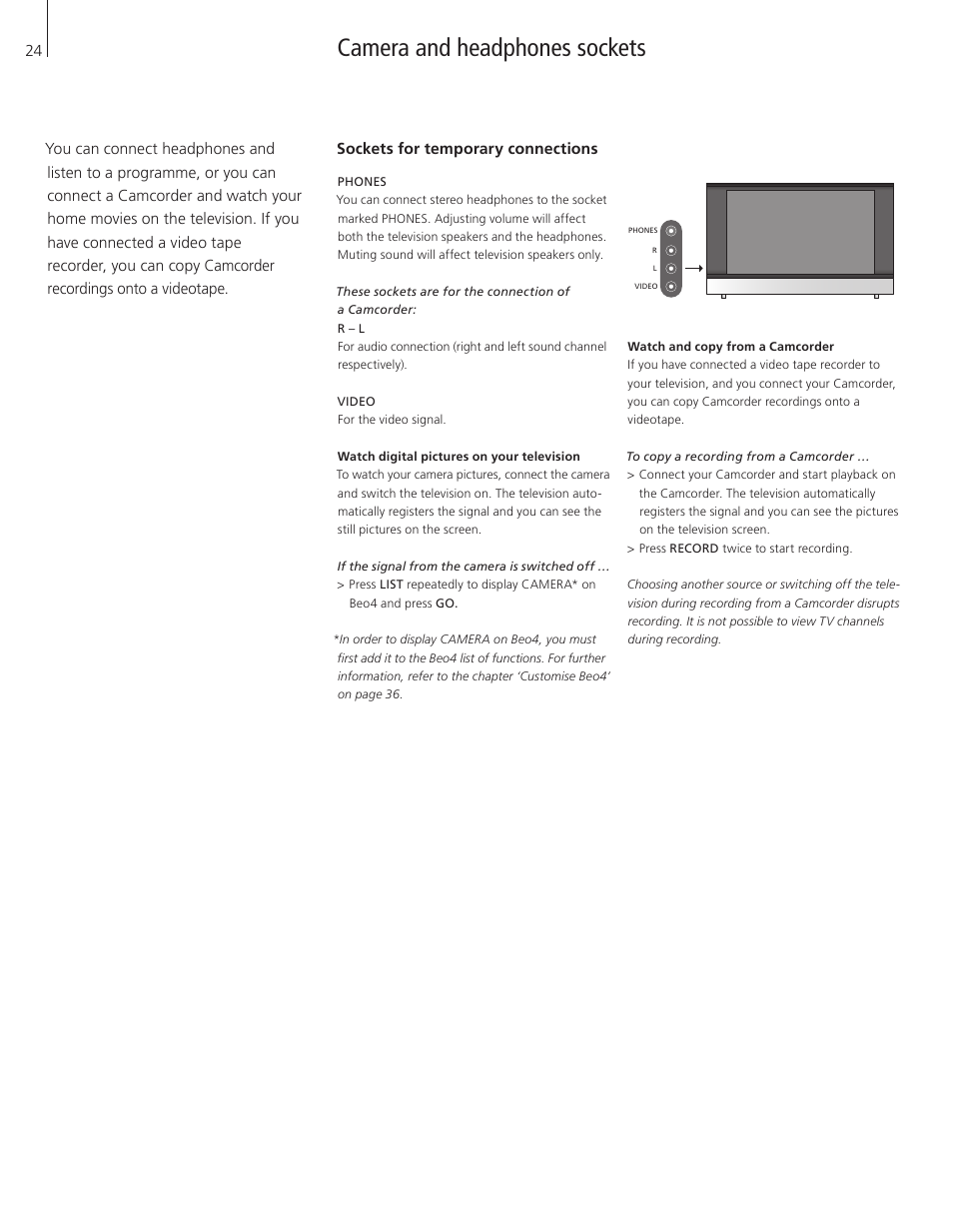 Camera and headphones sockets, Sockets for temporary connections | Bang & Olufsen BeoVision 8-26/32 User Manual | Page 24 / 40