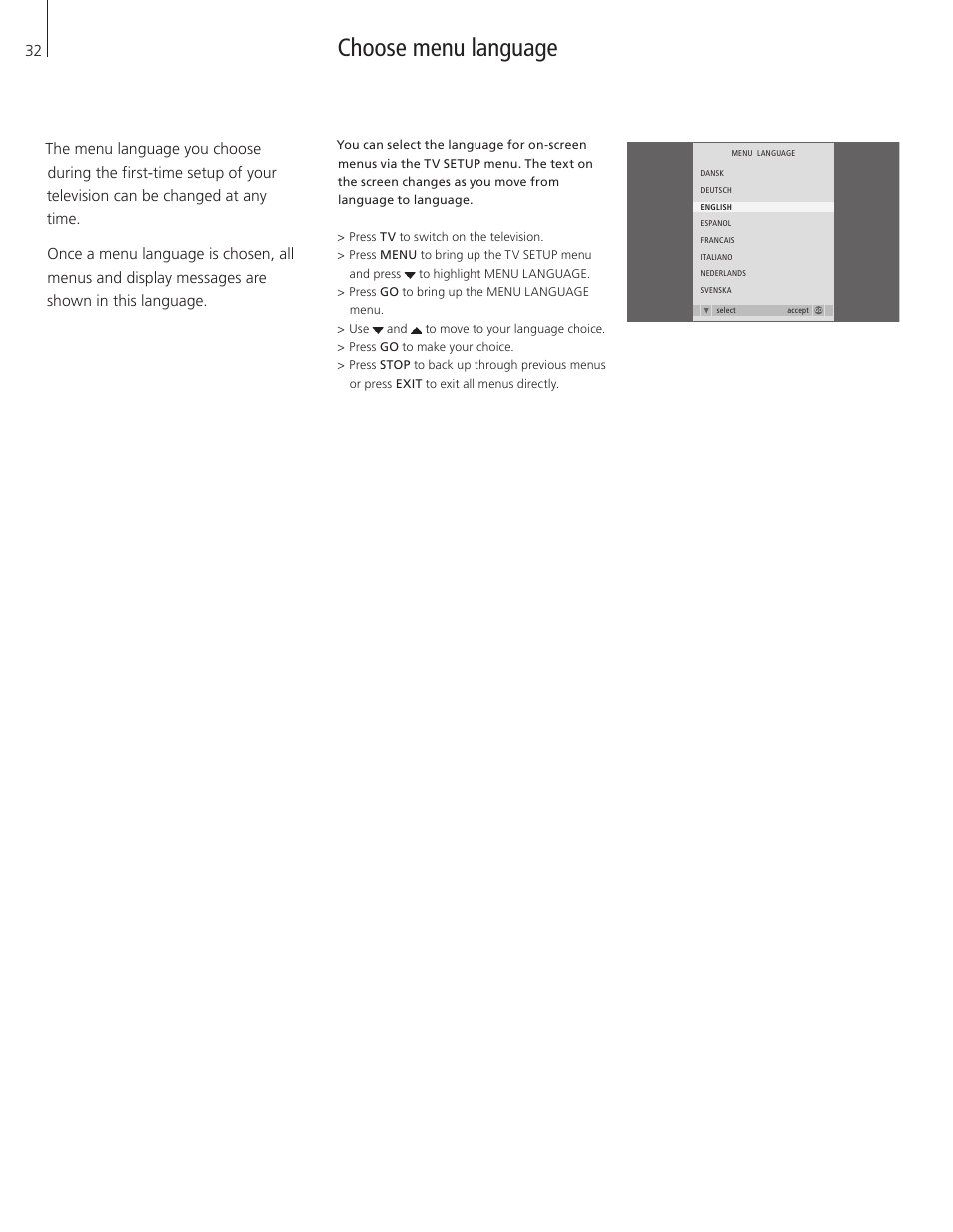Choose menu language | Bang & Olufsen BeoVision 8-26/32 User Manual | Page 32 / 40
