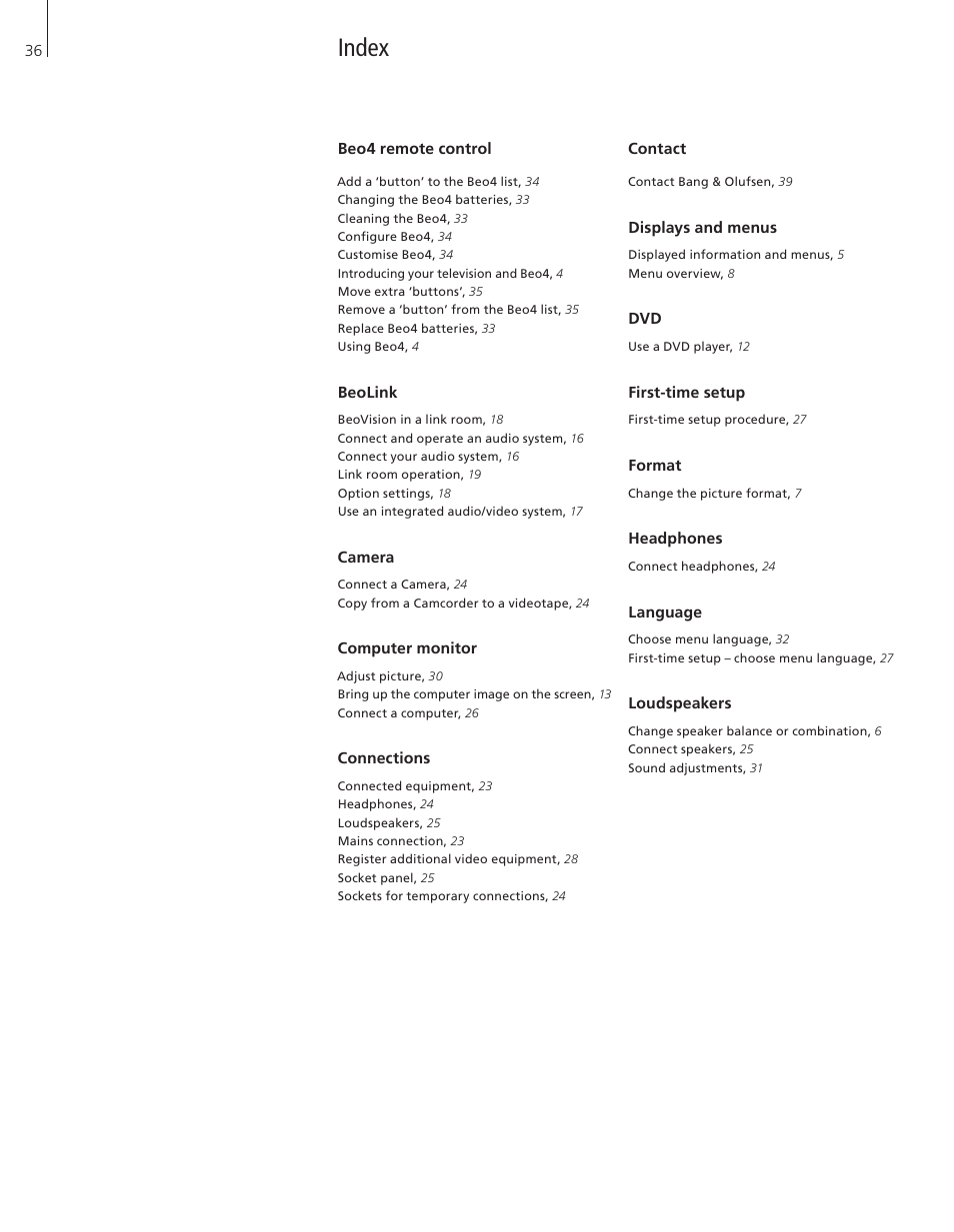 Index | Bang & Olufsen BeoVision 8-26/32 User Manual | Page 36 / 40