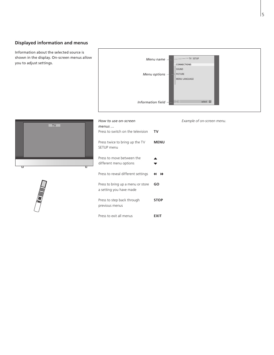 Displayed information and menus | Bang & Olufsen BeoVision 8-26/32 User Manual | Page 5 / 40