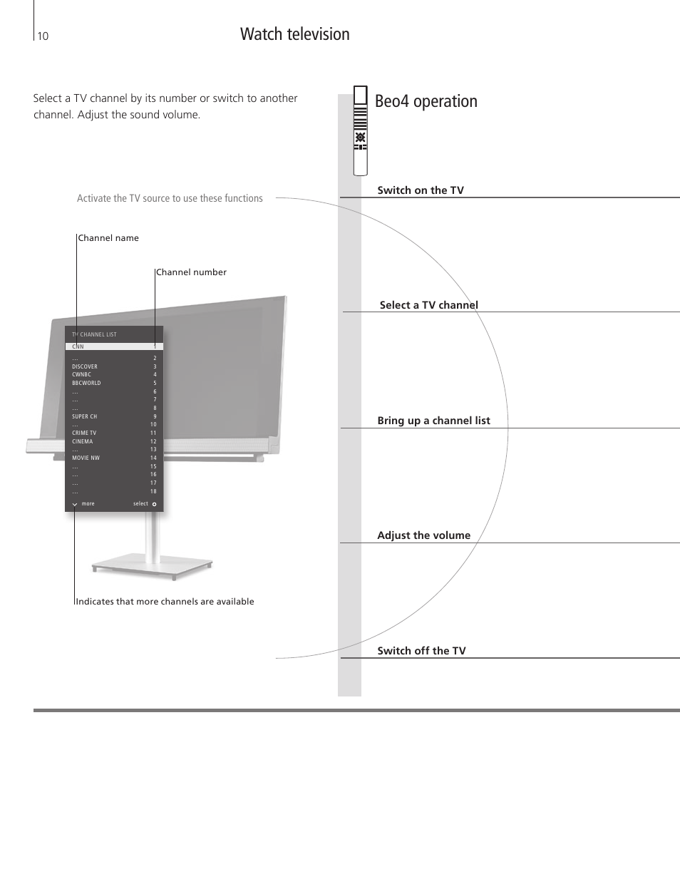 Watch television, Beo4 operation | Bang & Olufsen BeoVision 8-40 Getting Started User Manual | Page 10 / 28