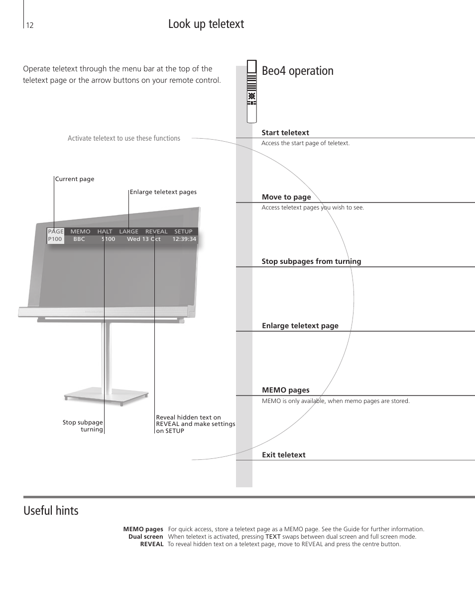 Look up teletext, Beo4 operation, Useful hints | Bang & Olufsen BeoVision 8-40 Getting Started User Manual | Page 12 / 28
