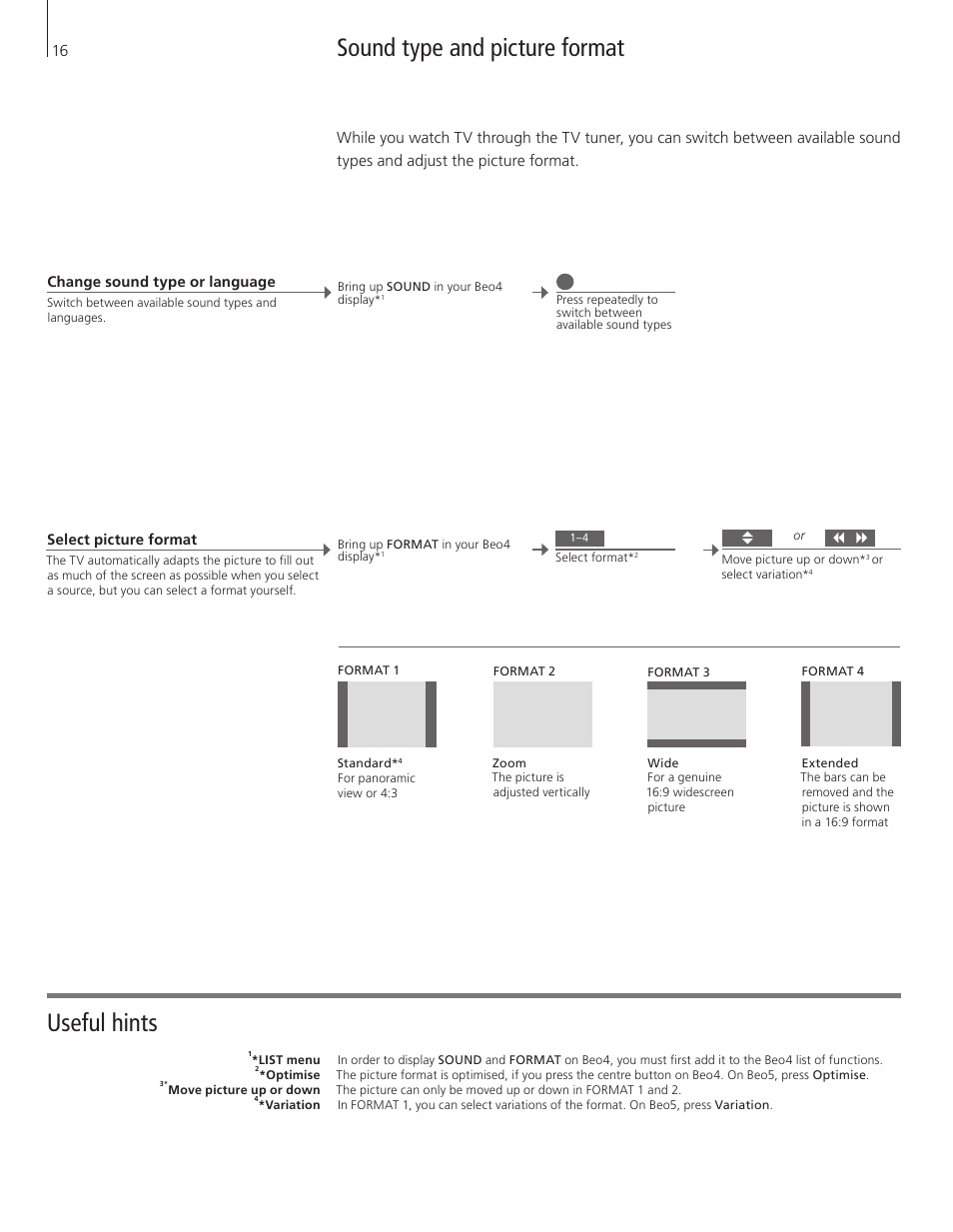 Sound type and picture format, Useful hints | Bang & Olufsen BeoVision 8-40 Getting Started User Manual | Page 16 / 28