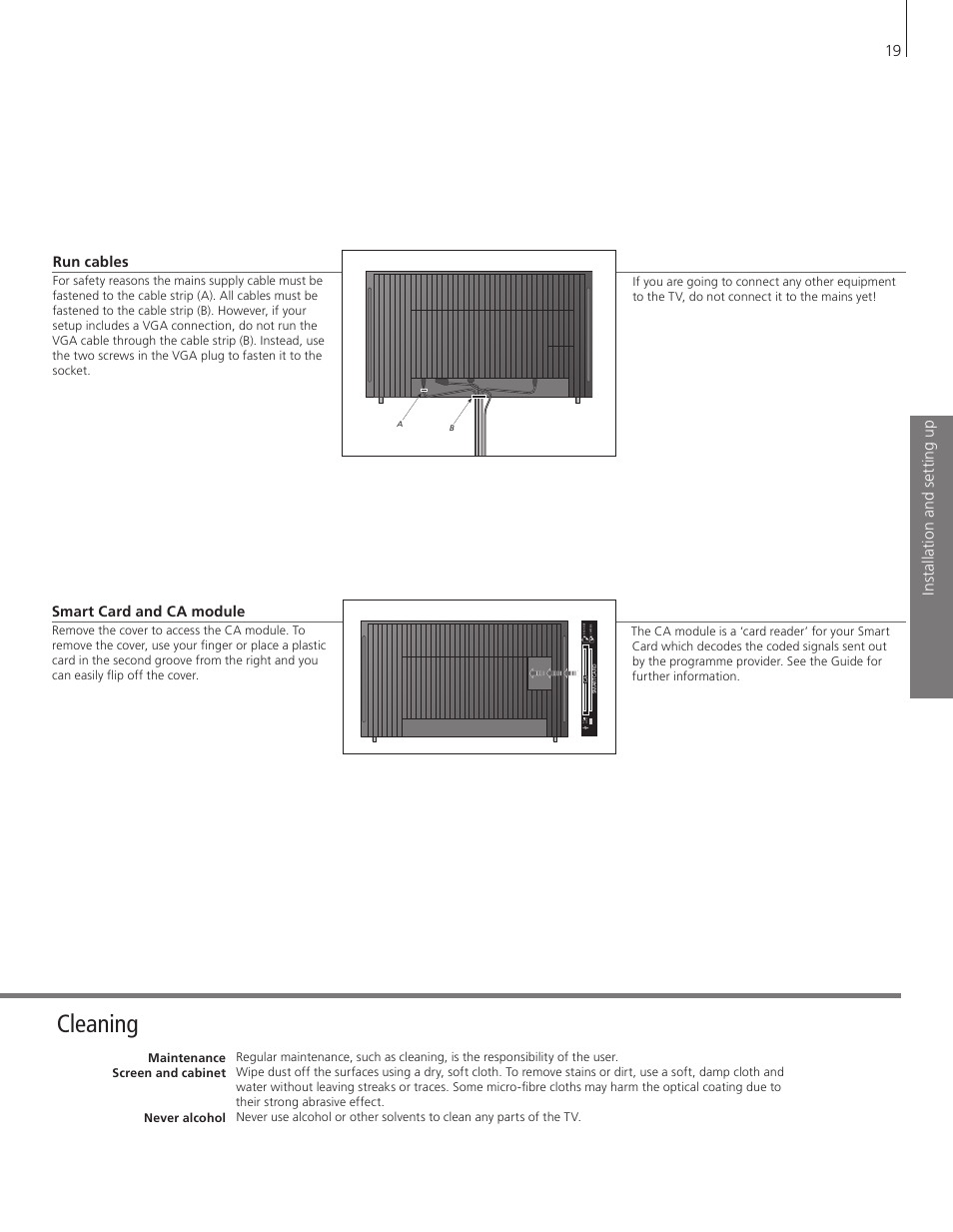 Cleaning, Run cables, Smart card and ca module | Bang & Olufsen BeoVision 8-40 Getting Started User Manual | Page 19 / 28