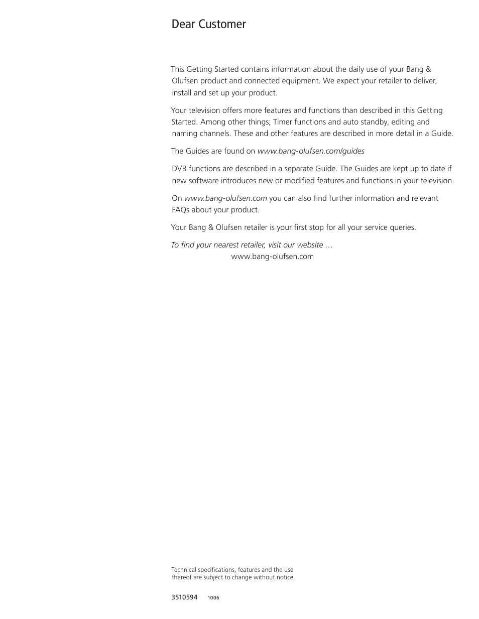 Dear customer | Bang & Olufsen BeoVision 8-40 Getting Started User Manual | Page 3 / 28