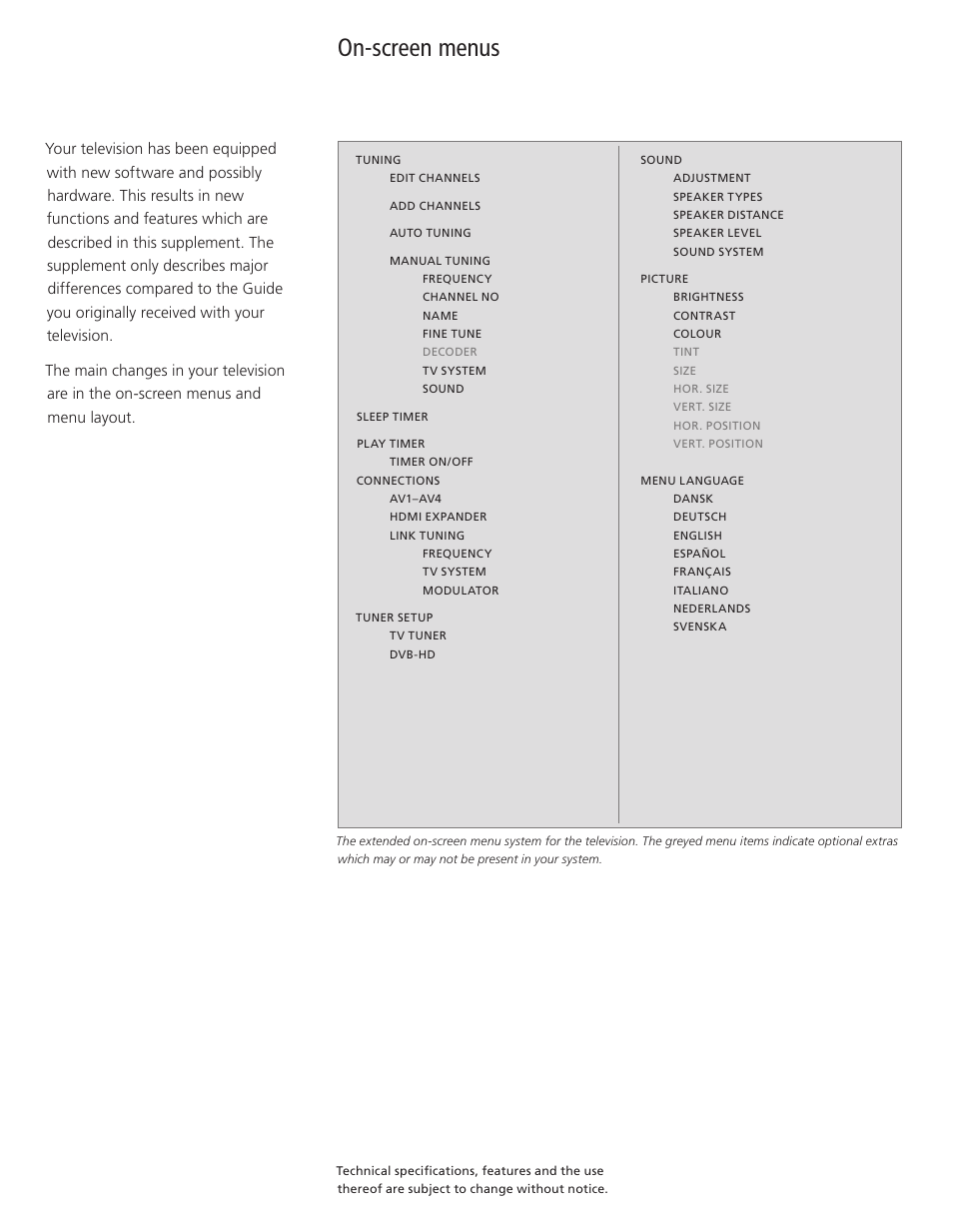 On-screen menus | Bang & Olufsen BeoVision 8-40 Supplement to User Guide (pre Aug 2010) User Manual | Page 2 / 8