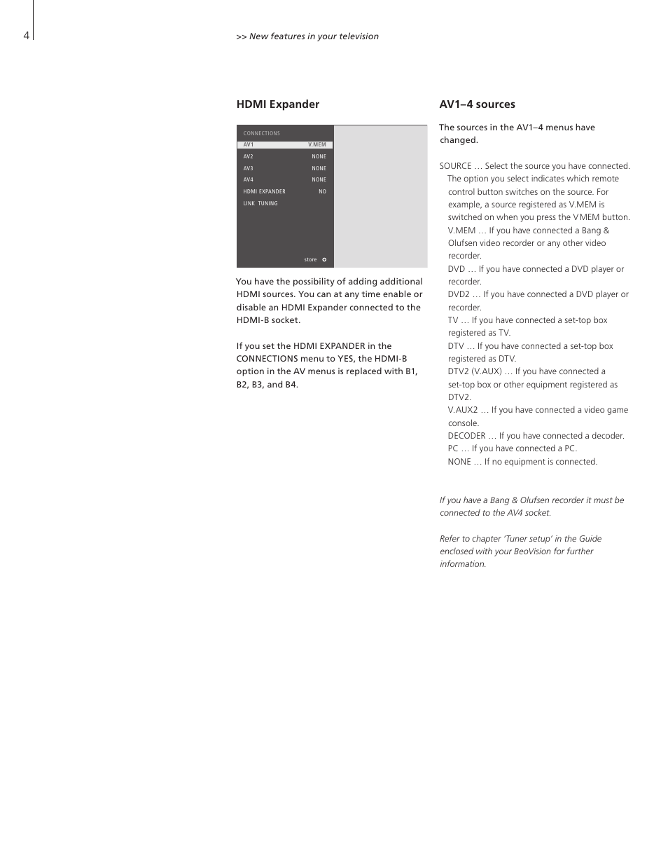 Hdmi expander av1–4 sources | Bang & Olufsen BeoVision 8-40 Supplement to User Guide (pre Aug 2010) User Manual | Page 4 / 8
