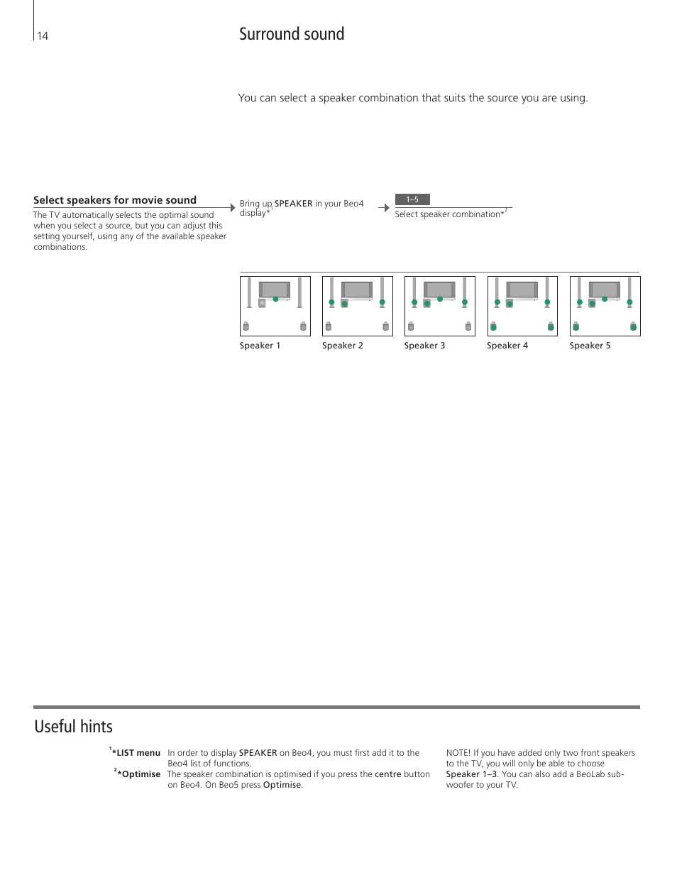 Surround sound, Useful hints | Bang & Olufsen BeoVision 8-40 User Guide User Manual | Page 14 / 44