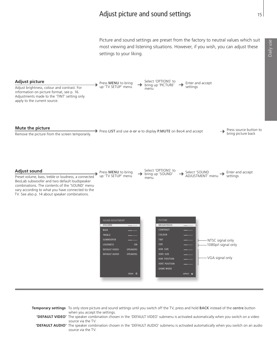 Adjust picture and sound settings, Dai ly u se | Bang & Olufsen BeoVision 8-40 User Guide User Manual | Page 15 / 44