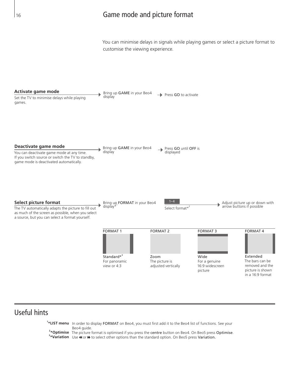 Game mode and picture format, Useful hints | Bang & Olufsen BeoVision 8-40 User Guide User Manual | Page 16 / 44