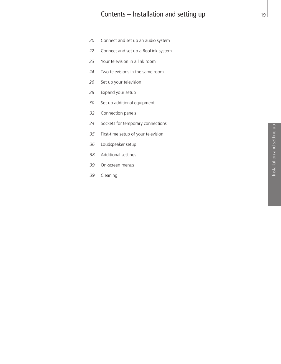 Contents – installation and setting up | Bang & Olufsen BeoVision 8-40 User Guide User Manual | Page 19 / 44