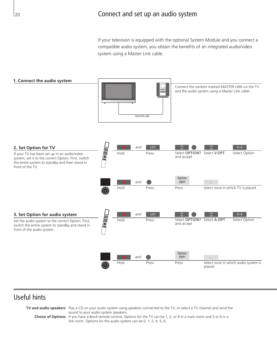 Connect and set up an audio system, Useful hints | Bang & Olufsen BeoVision 8-40 User Guide User Manual | Page 20 / 44