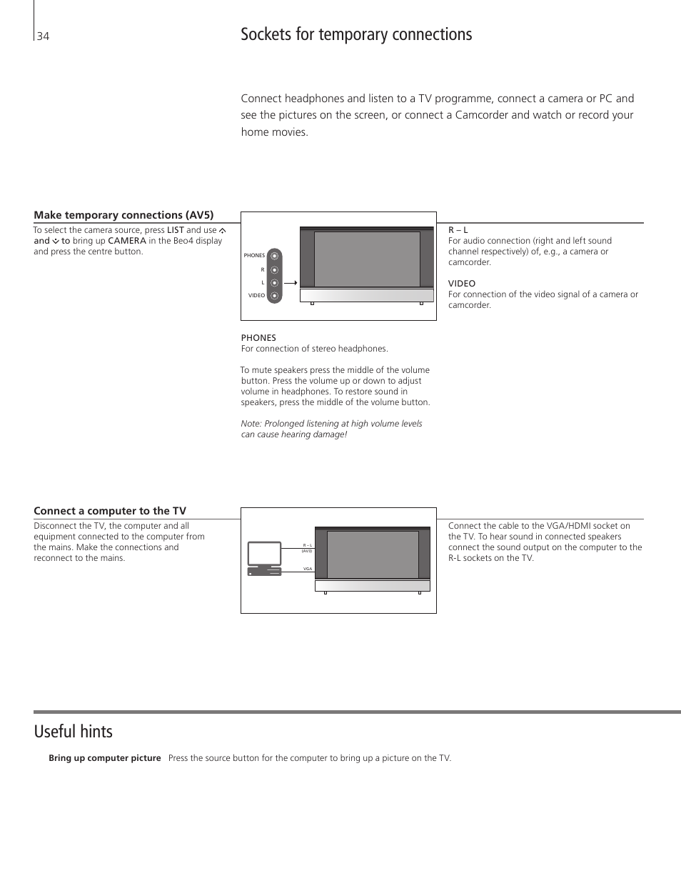 Sockets for temporary connections, Useful hints | Bang & Olufsen BeoVision 8-40 User Guide User Manual | Page 34 / 44