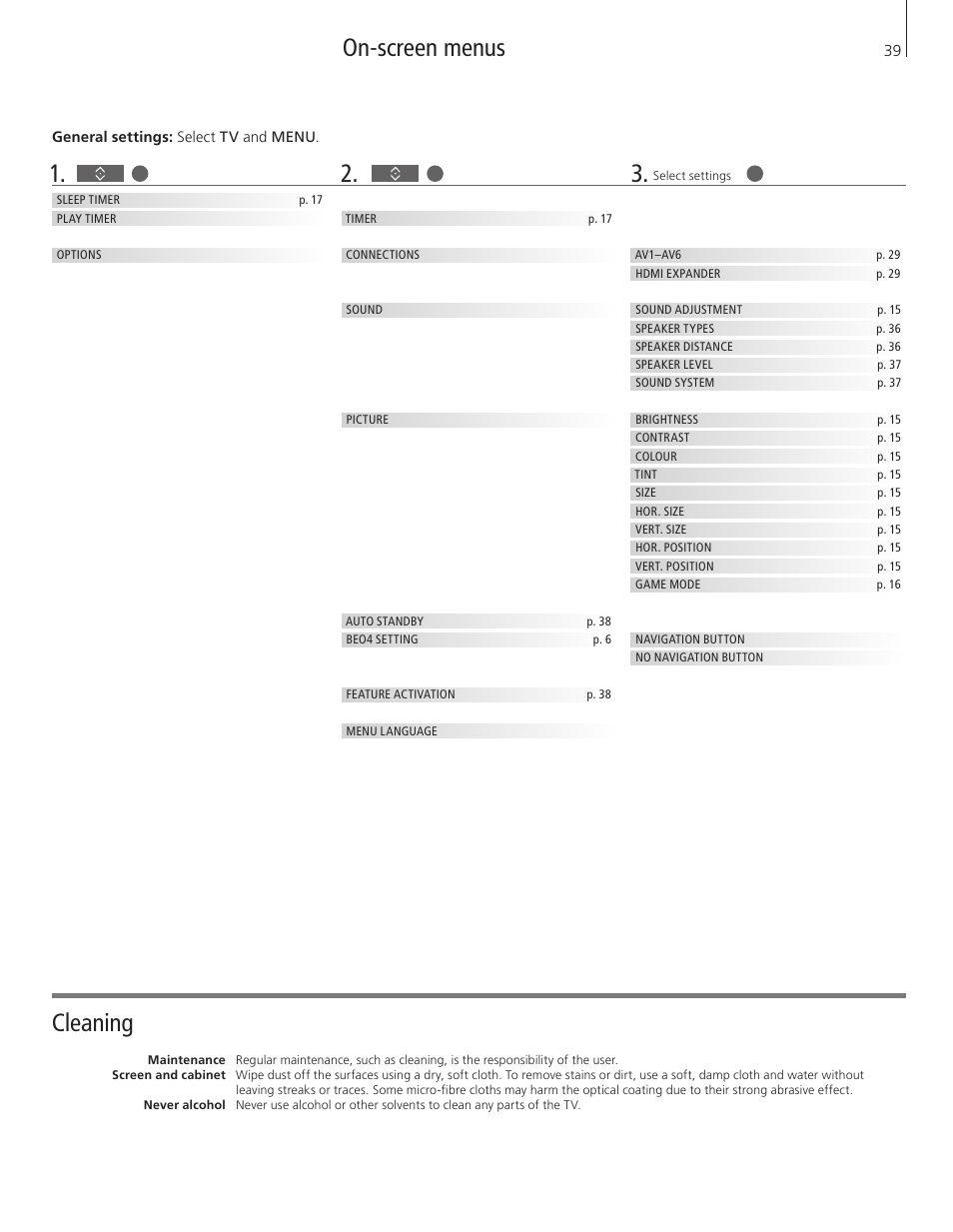 On-screen menus, Cleaning | Bang & Olufsen BeoVision 8-40 User Guide User Manual | Page 39 / 44