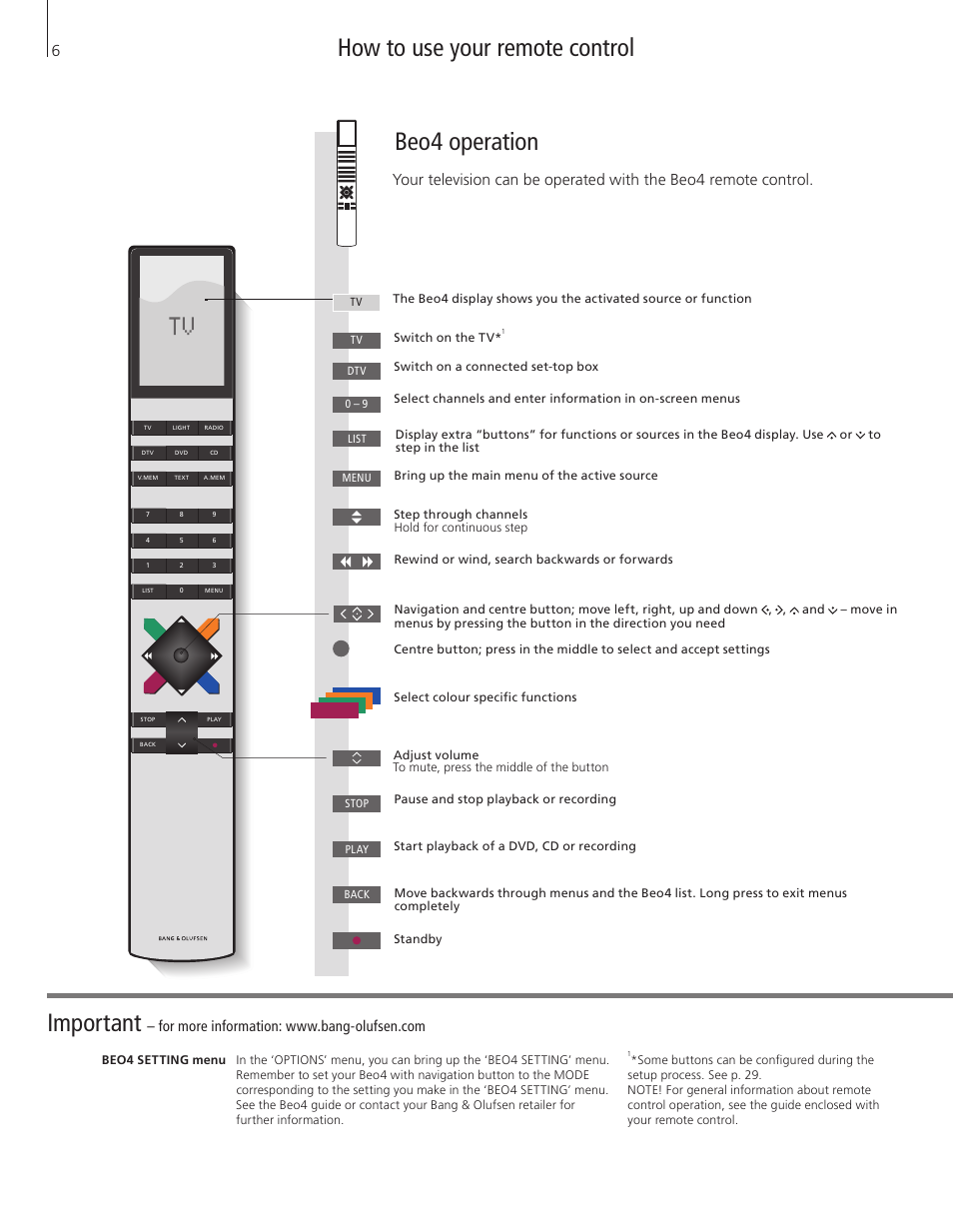 How to use your remote control, Beo4 operation, How to use your remote control important | Bang & Olufsen BeoVision 8-40 User Guide User Manual | Page 6 / 44