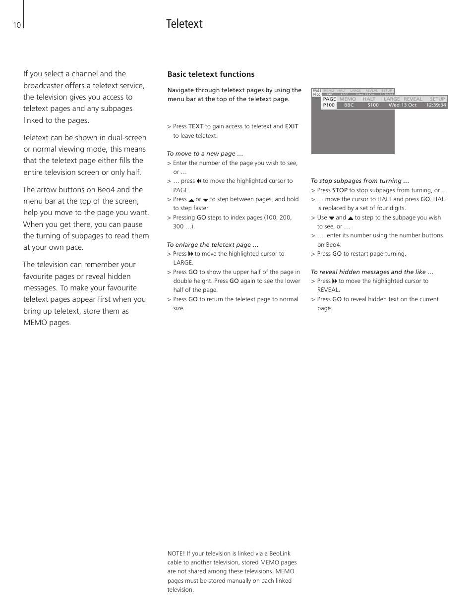 Teletext, Basic teletext functions | Bang & Olufsen BeoVision 8-40 User Guide (pre Aug 2010) User Manual | Page 10 / 60