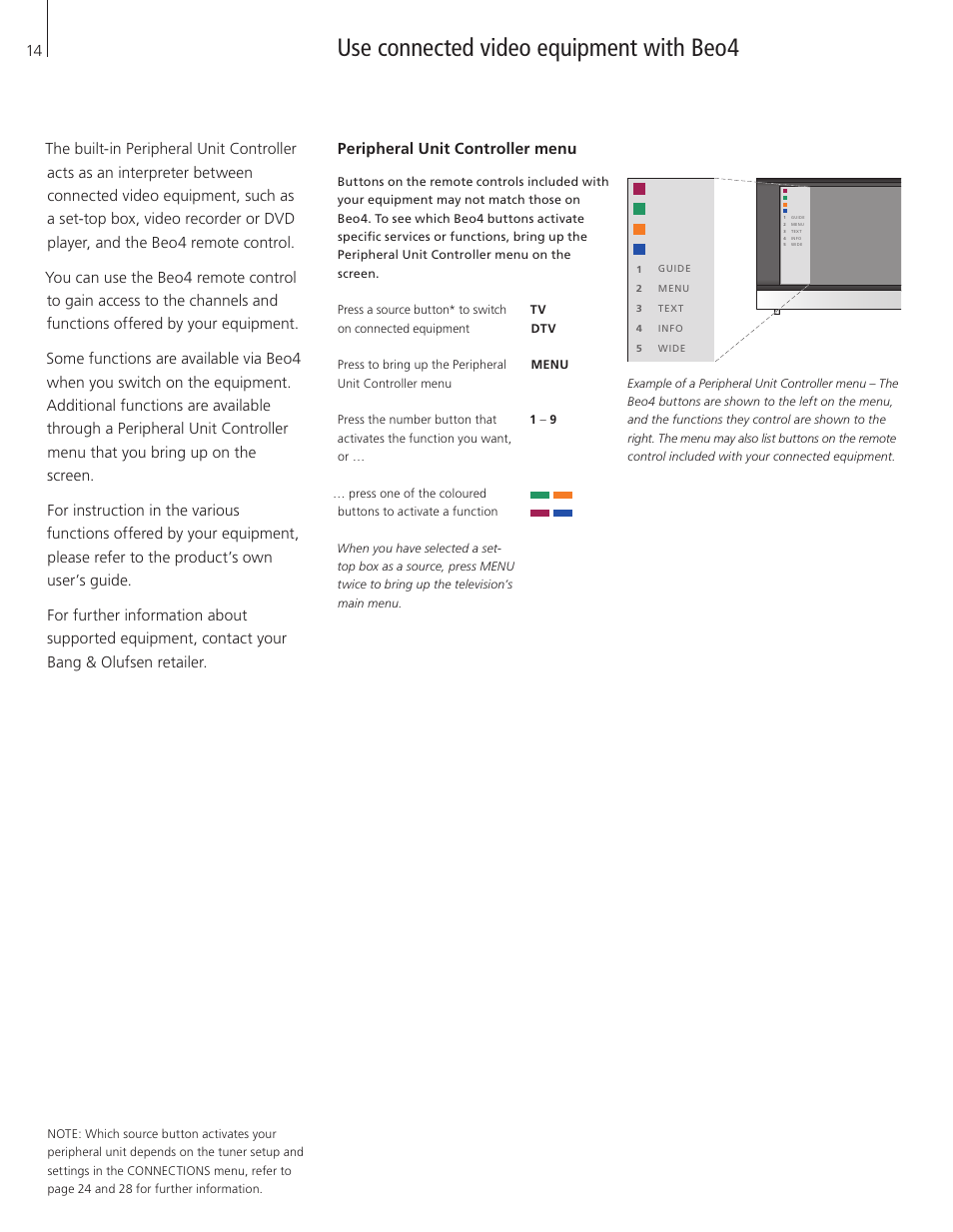 Use connected video equipment with beo4, Peripheral unit controller menu | Bang & Olufsen BeoVision 8-40 User Guide (pre Aug 2010) User Manual | Page 14 / 60