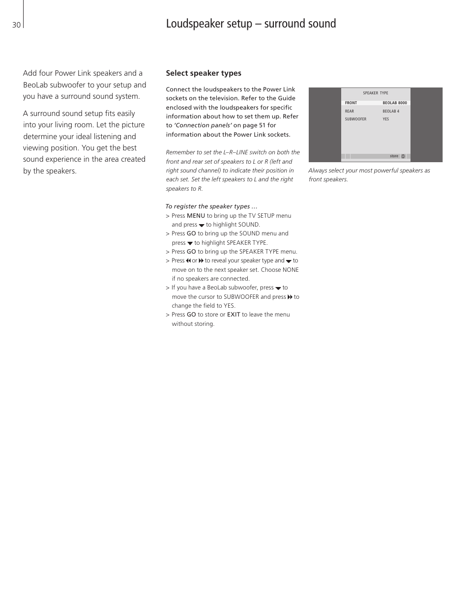 Loudspeaker setup – surround sound, Select speaker types | Bang & Olufsen BeoVision 8-40 User Guide (pre Aug 2010) User Manual | Page 30 / 60