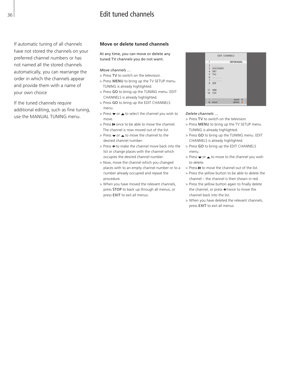 Edit tuned channels, Move or delete tuned channels | Bang & Olufsen BeoVision 8-40 User Guide (pre Aug 2010) User Manual | Page 36 / 60
