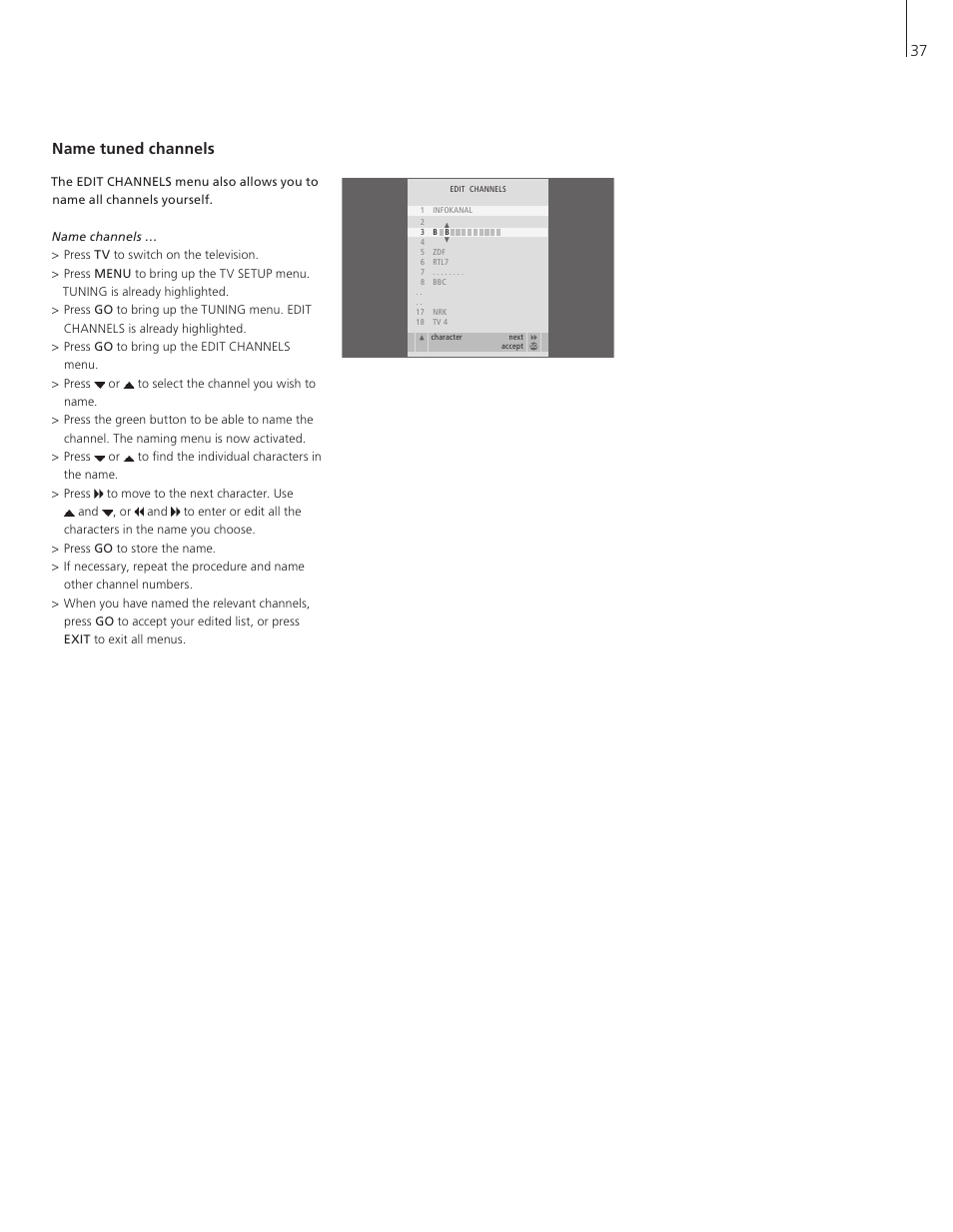 Name tuned channels, 37 name tuned channels | Bang & Olufsen BeoVision 8-40 User Guide (pre Aug 2010) User Manual | Page 37 / 60