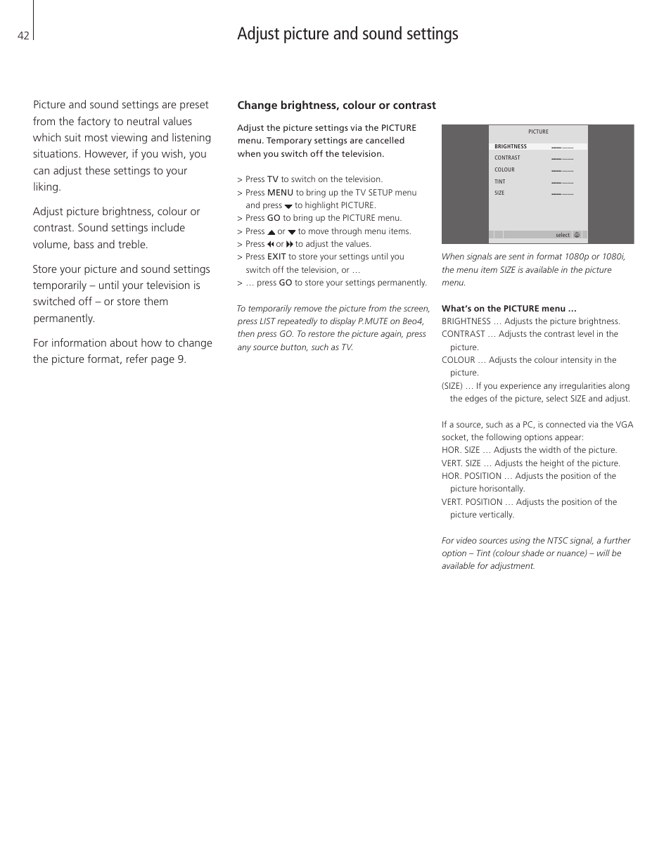 Adjust picture and sound settings, Change brightness, colour or contrast | Bang & Olufsen BeoVision 8-40 User Guide (pre Aug 2010) User Manual | Page 42 / 60