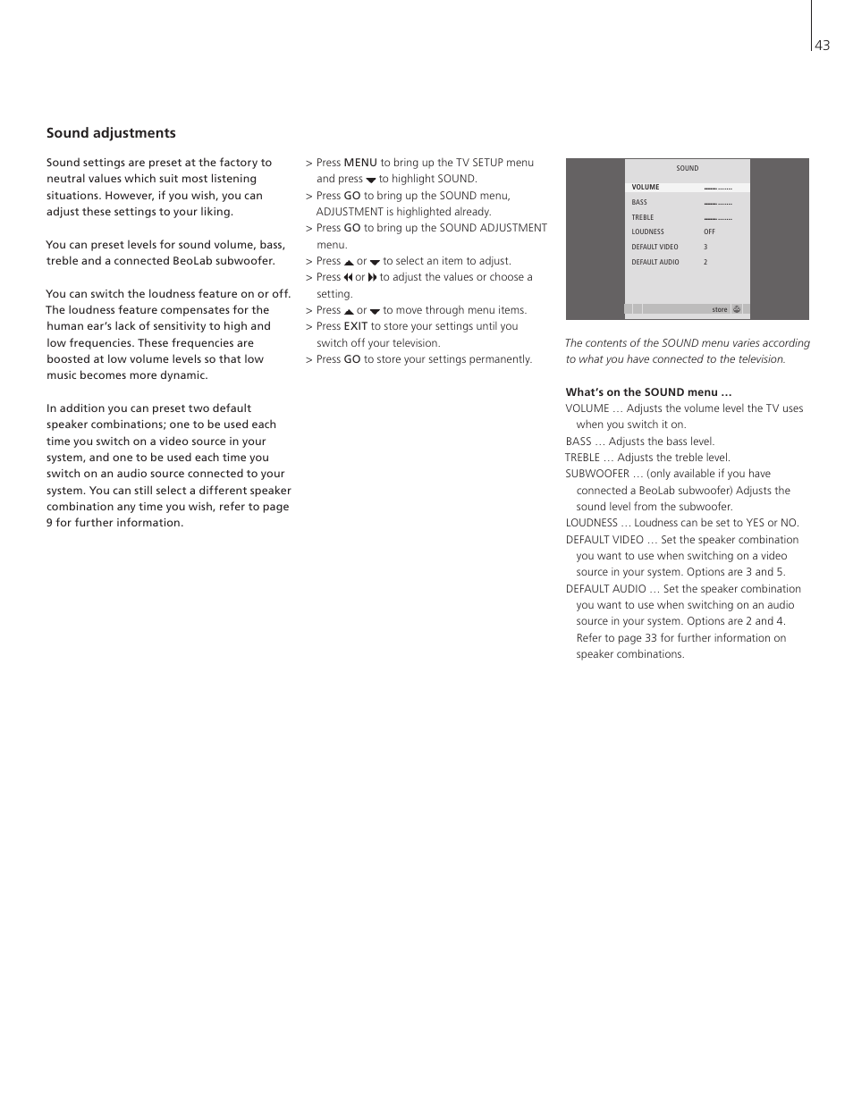 Sound adjustments, 43 sound adjustments | Bang & Olufsen BeoVision 8-40 User Guide (pre Aug 2010) User Manual | Page 43 / 60