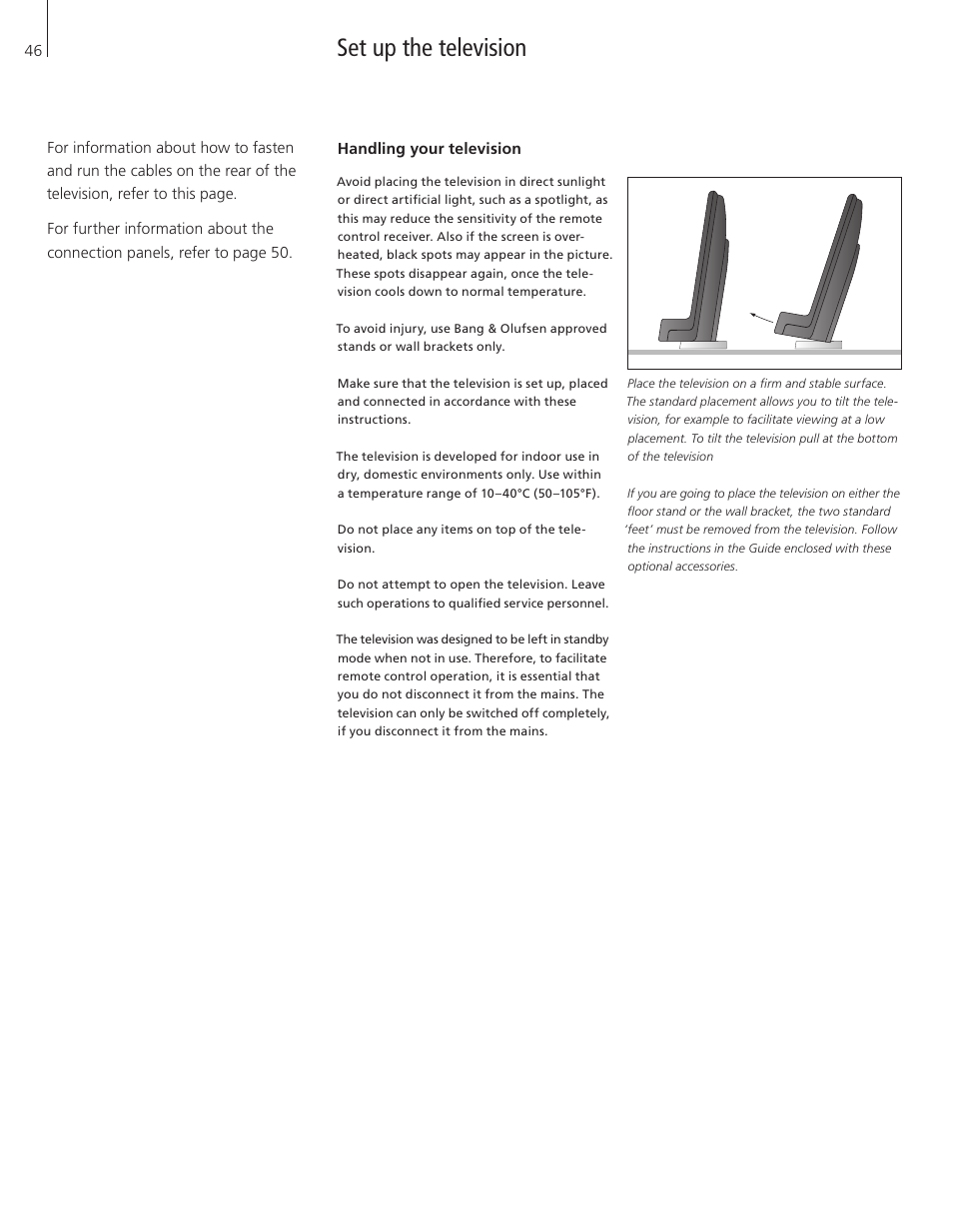 Set up the television, Handling your television | Bang & Olufsen BeoVision 8-40 User Guide (pre Aug 2010) User Manual | Page 46 / 60
