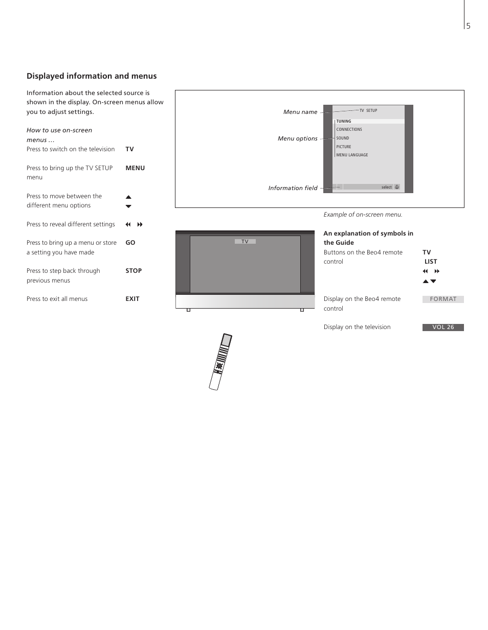 Displayed information and menus, 5displayed information and menus | Bang & Olufsen BeoVision 8-40 User Guide (pre Aug 2010) User Manual | Page 5 / 60