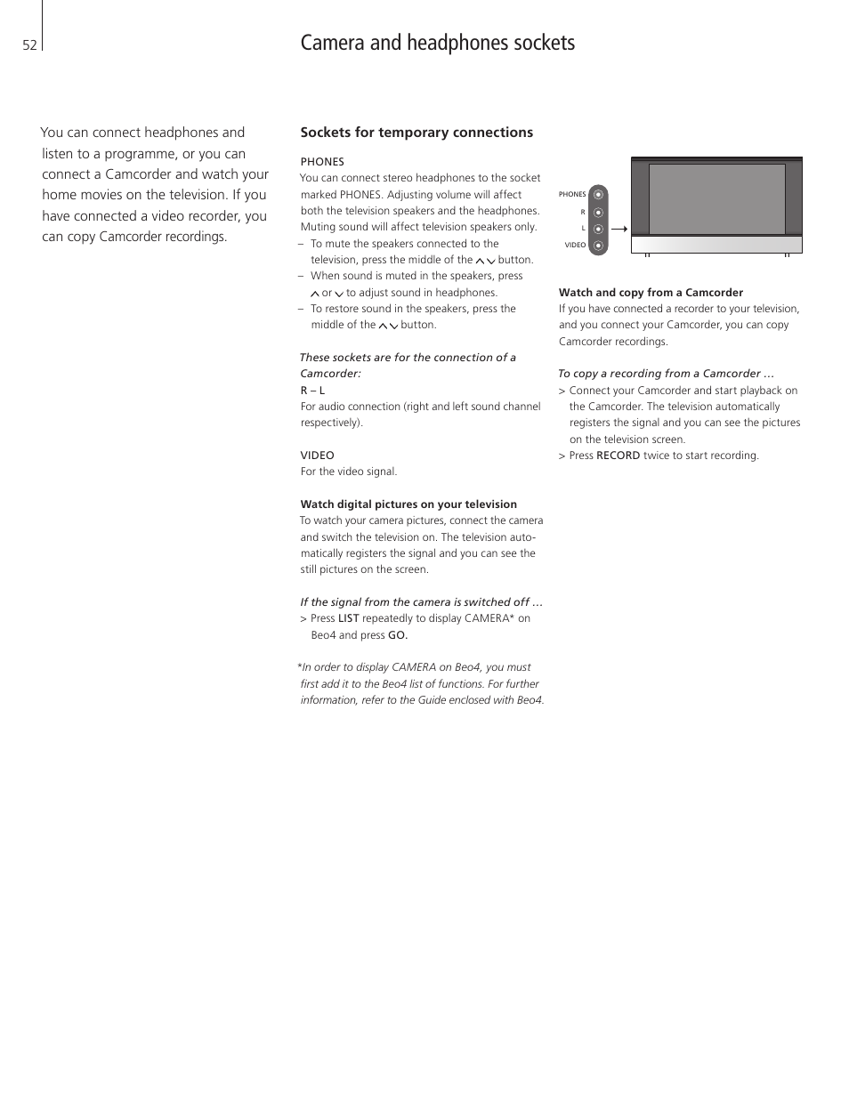 Camera and headphones sockets, Sockets for temporary connections | Bang & Olufsen BeoVision 8-40 User Guide (pre Aug 2010) User Manual | Page 52 / 60