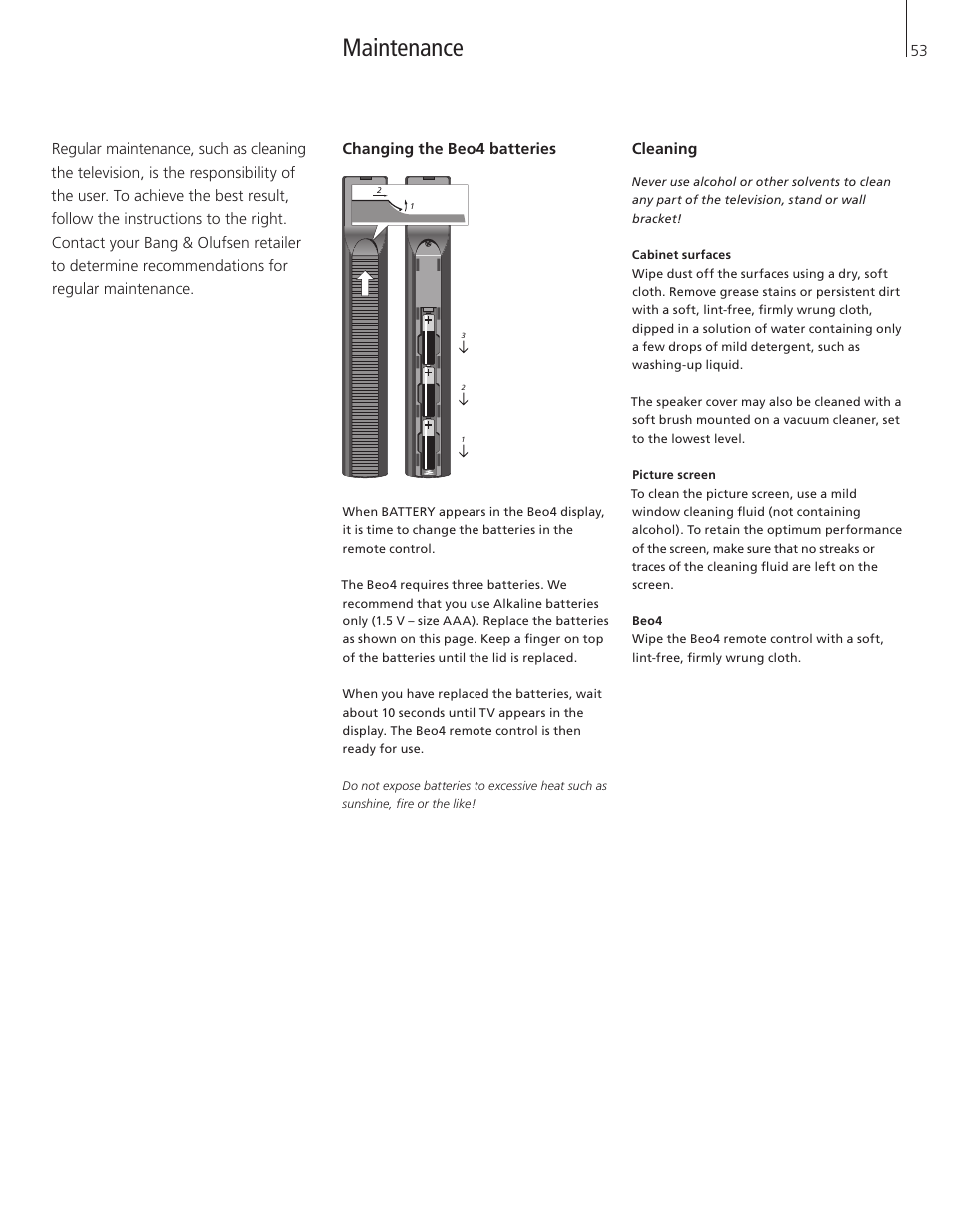 Maintenance, Changing the beo4 batteries, Cleaning | Bang & Olufsen BeoVision 8-40 User Guide (pre Aug 2010) User Manual | Page 53 / 60