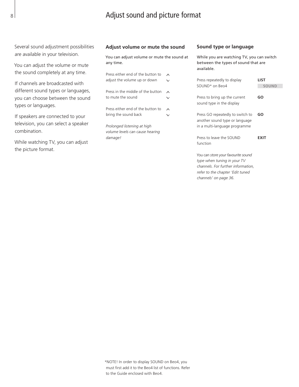 Adjust sound and picture format, Adjust volume or mute the sound, Sound type or language | Bang & Olufsen BeoVision 8-40 User Guide (pre Aug 2010) User Manual | Page 8 / 60