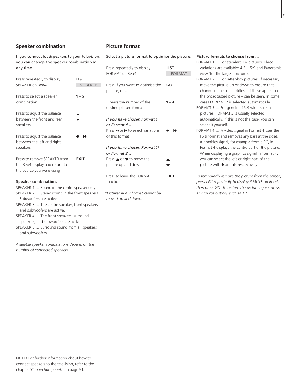 Speaker combination, Picture format | Bang & Olufsen BeoVision 8-40 User Guide (pre Aug 2010) User Manual | Page 9 / 60