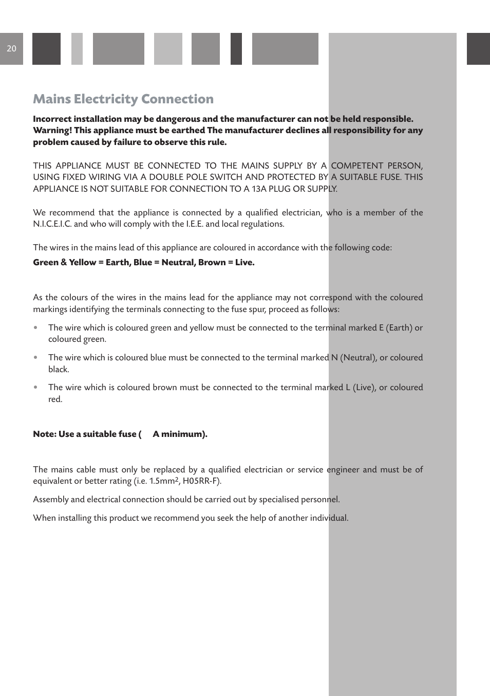 Mains electricity connection | CDA HVN 32 User Manual | Page 20 / 24