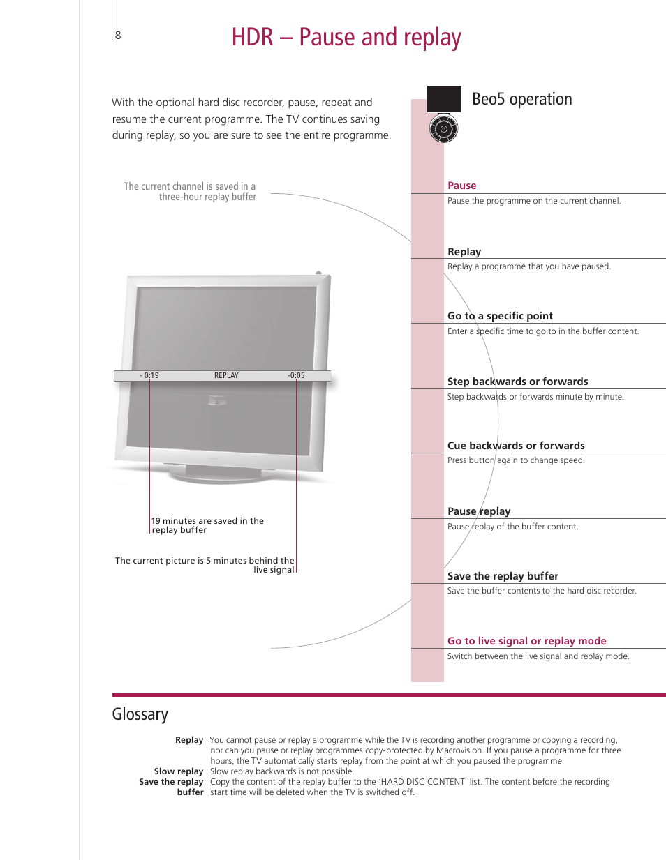 Hdr – pause and replay, Glossary, Beo5 operation | Bang & Olufsen BeoVision 9 User Guide User Manual | Page 10 / 68